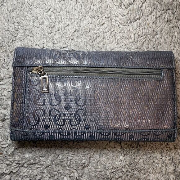 Guess Tri-Fold Faux Leather Wallet Charcoal Gray/Silver Monogram G‎ - Picture 13 of 16